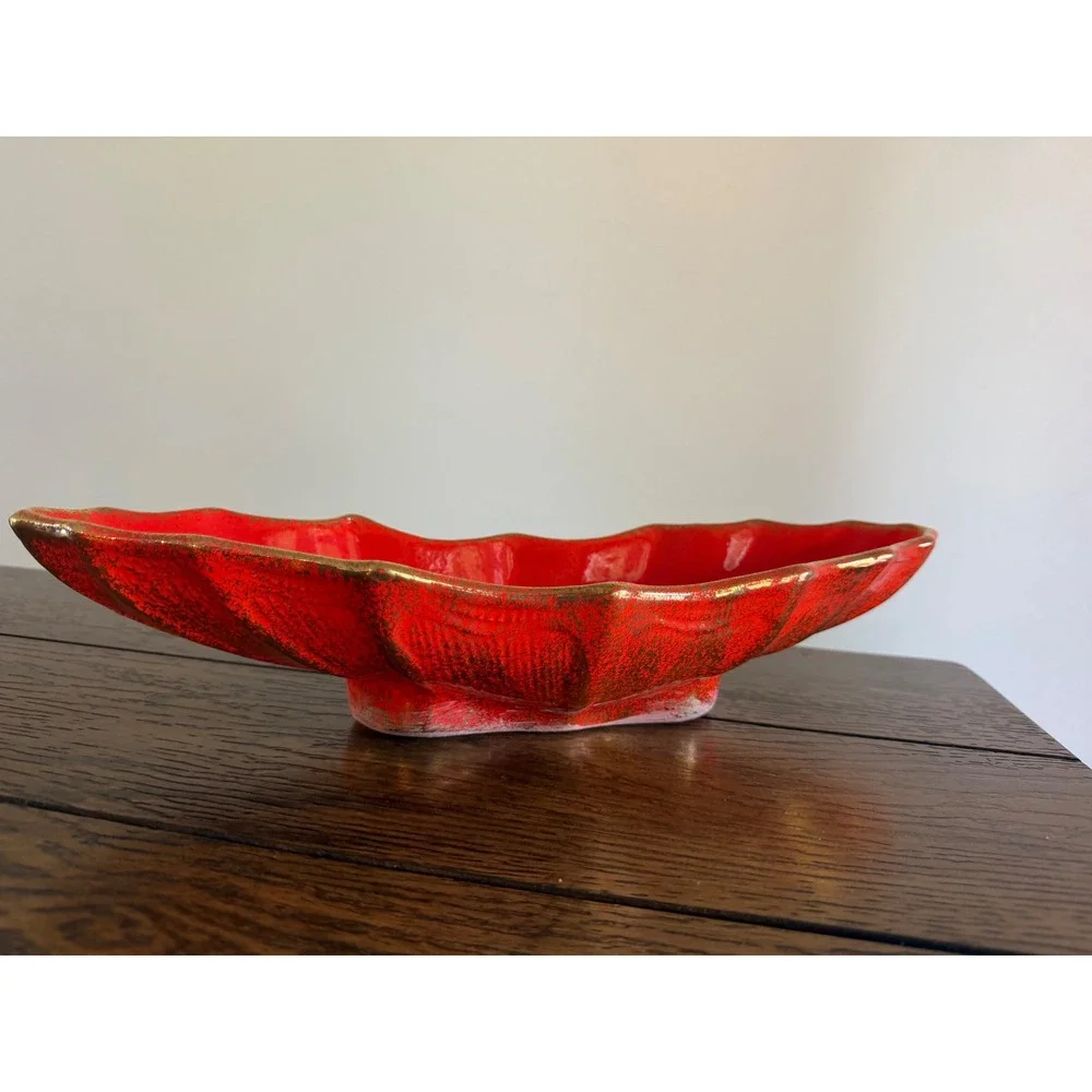 California Originals Console Bowl Unisex 16.5in Red Good MCM Gold Scalloped 759